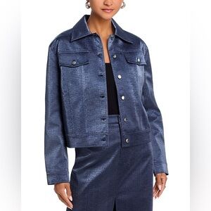 WAYF Camille Glossy Navy Blue Faux Leather Crocodile Alligator Lizard Jacket NWT